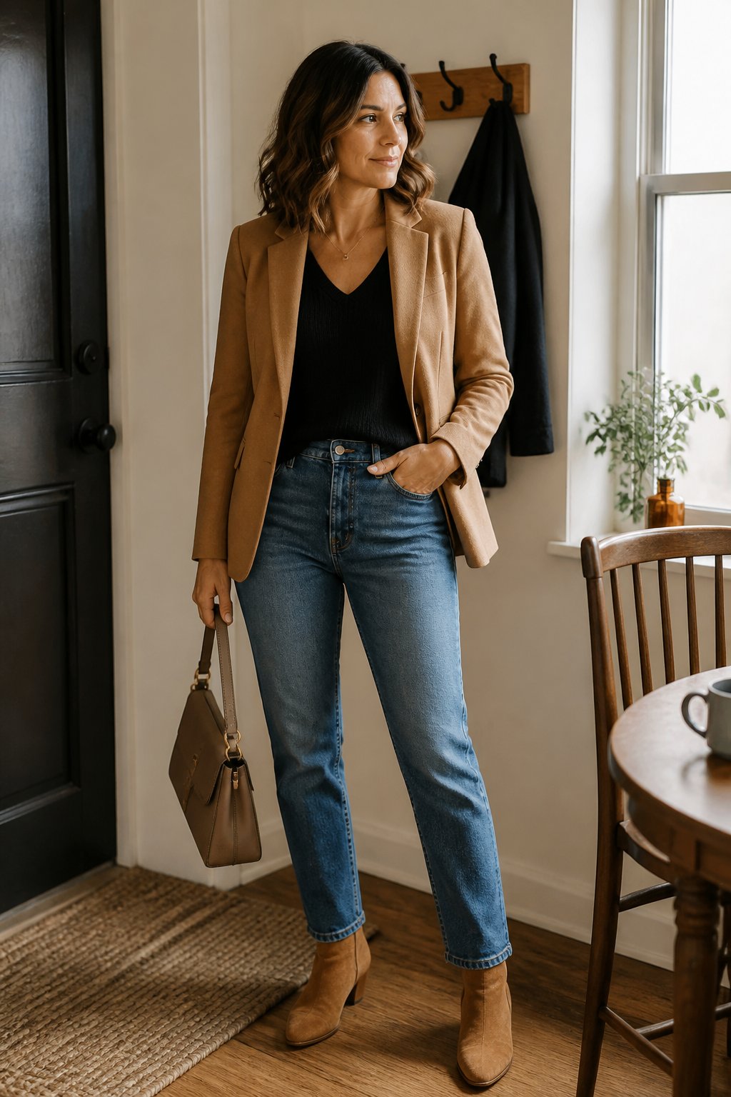 A woman wears a camel blazer, black V-neck top, and straight-leg jeans in a softly lit indoor setting.