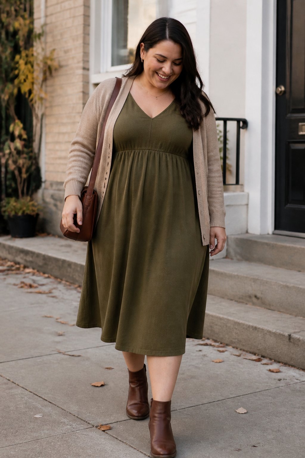 A woman wearing an empire-waist midi dress and ankle boots in a softly lit everyday setting.
