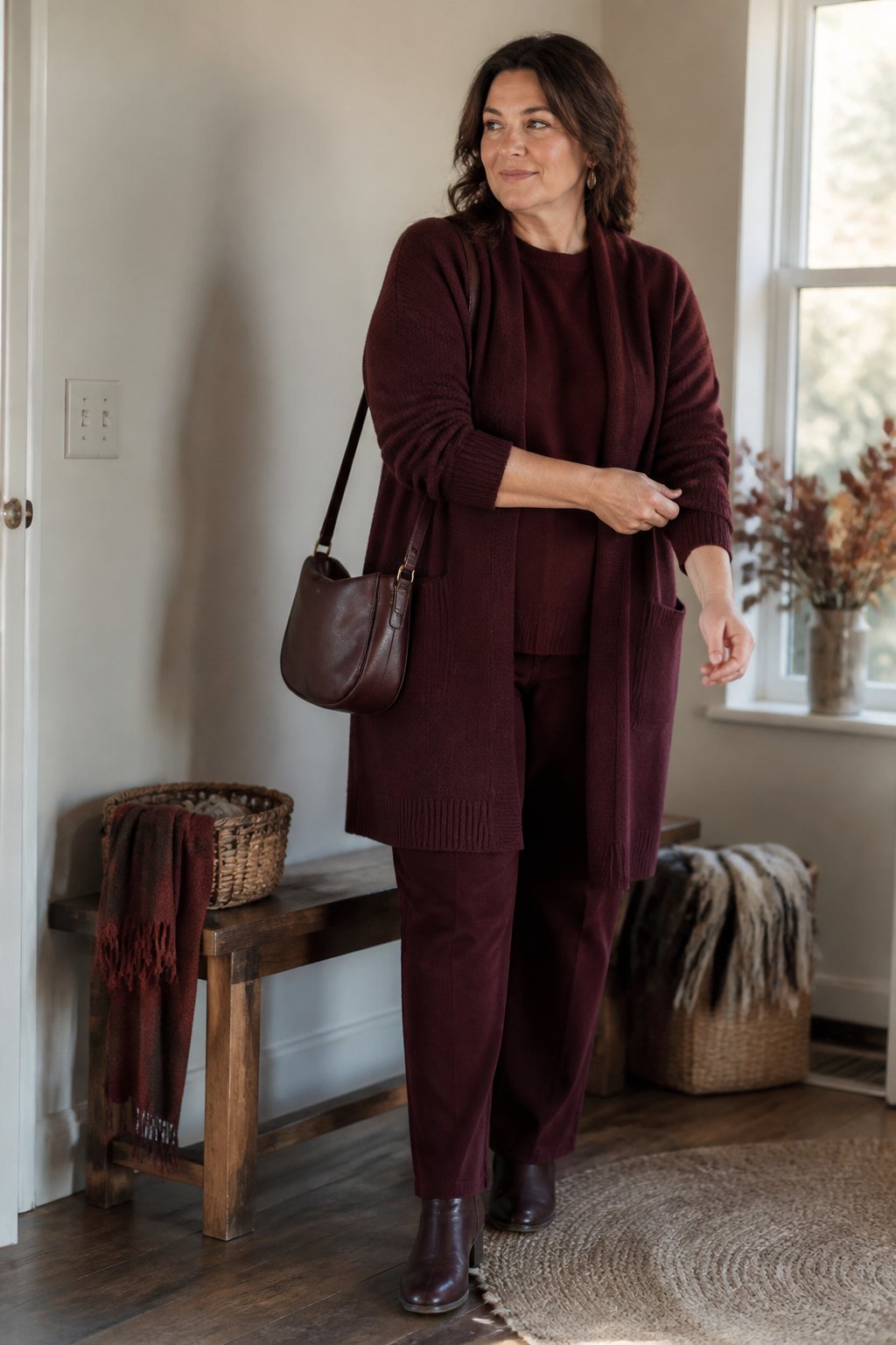 Woman wearing a burgundy longline cardigan and matching fall outfit in a softly lit home.