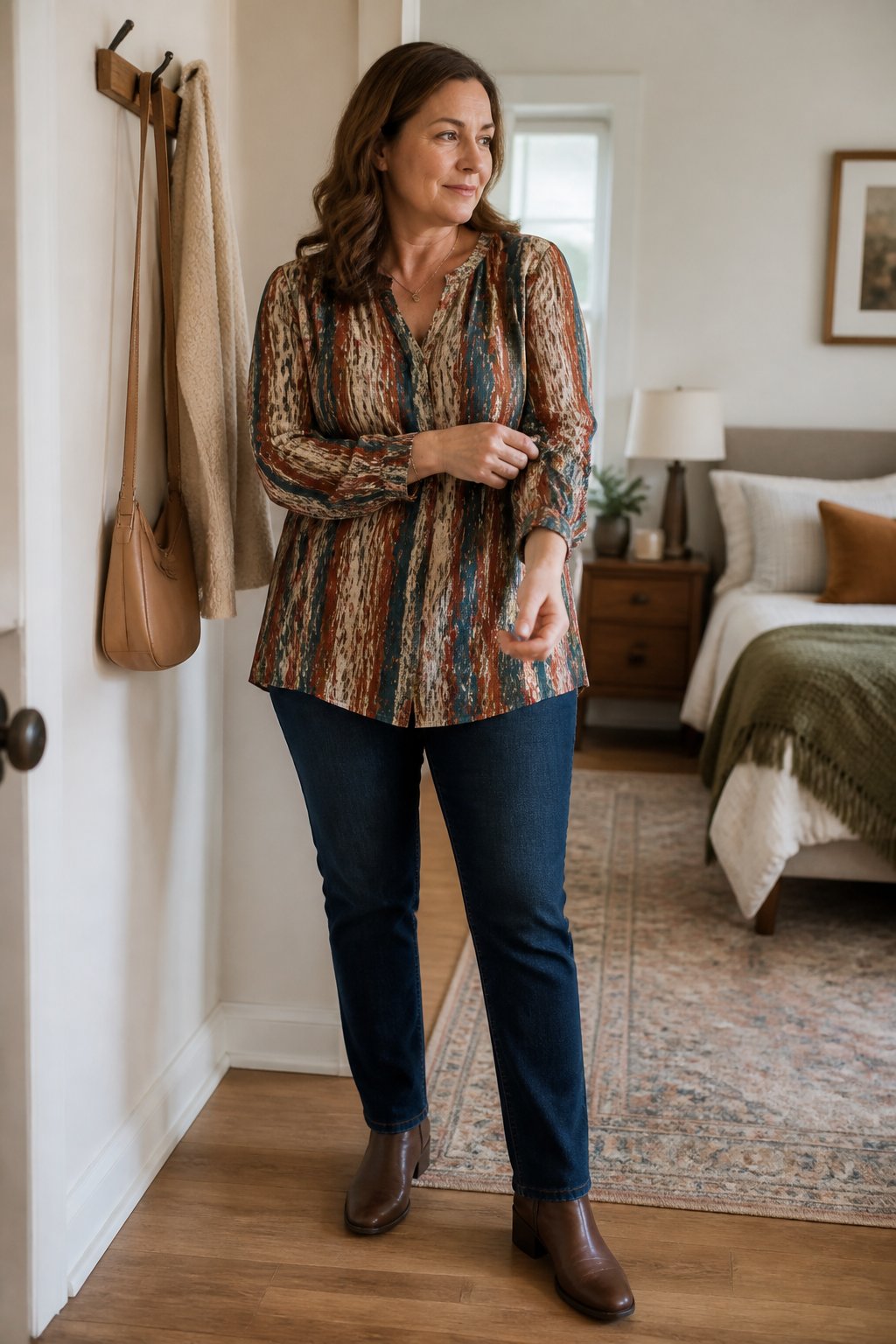 Woman wearing dark straight-leg jeans and a printed tunic blouse in a bright everyday indoor setting.