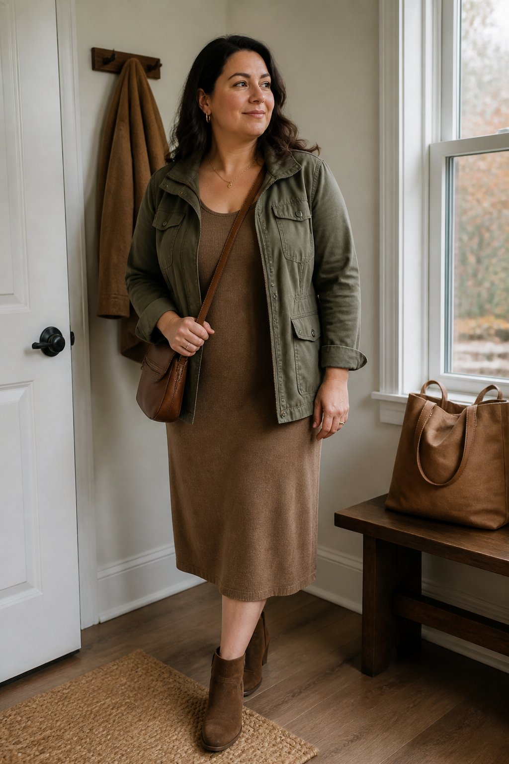 Woman wearing a utility jacket over a scoop-neck knit dress in a casual fall setting.