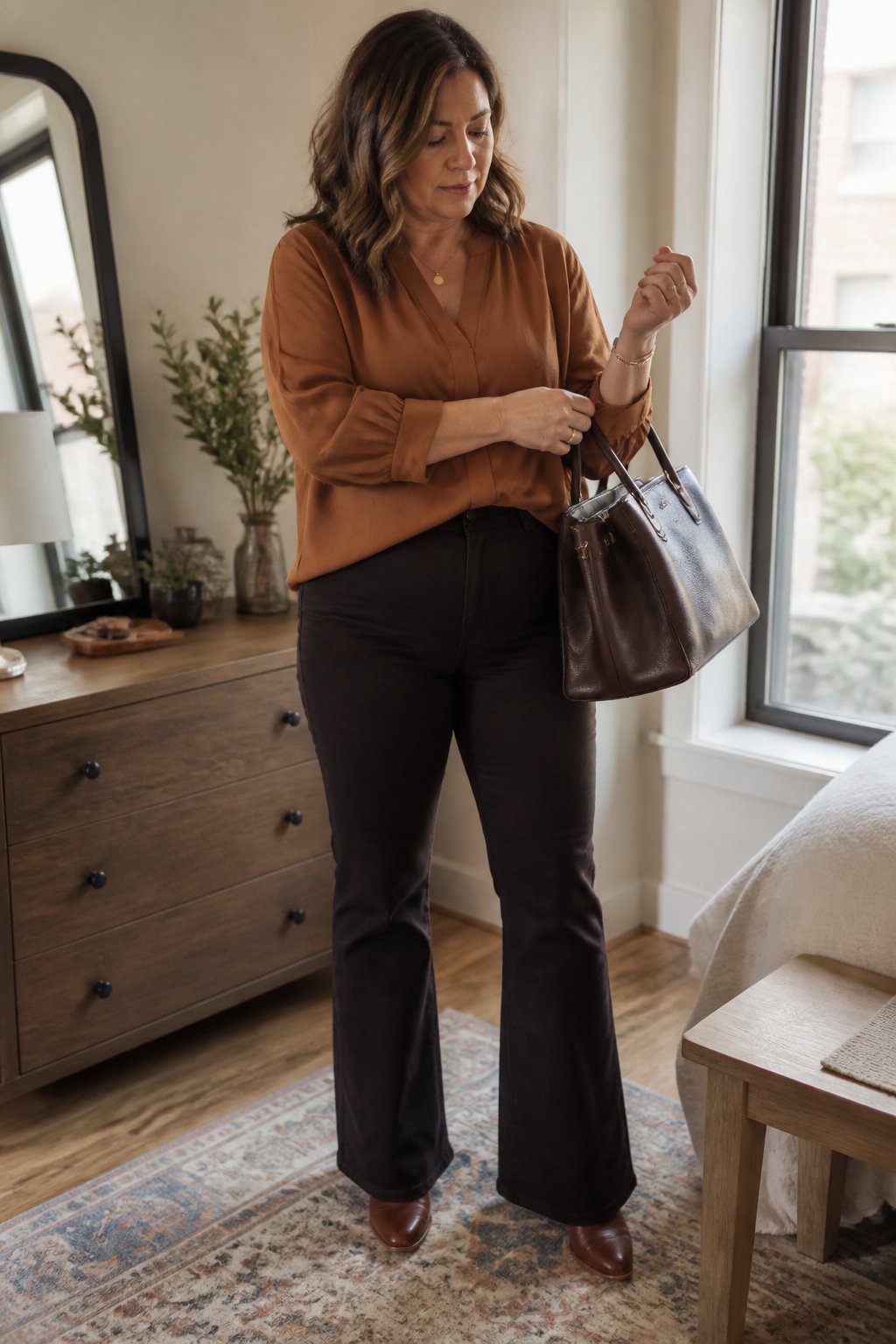 A woman wearing high-rise bootcut trousers and a softly draped blouse stands in a warmly furnished room.