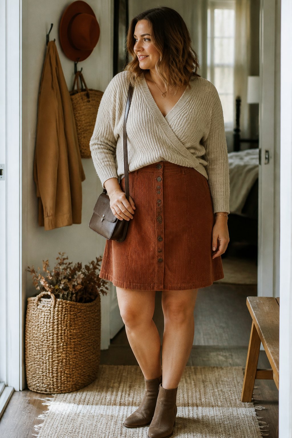 Woman wearing an A-line corduroy skirt and tucked-in wrap-style sweater in a softly lit indoor setting.