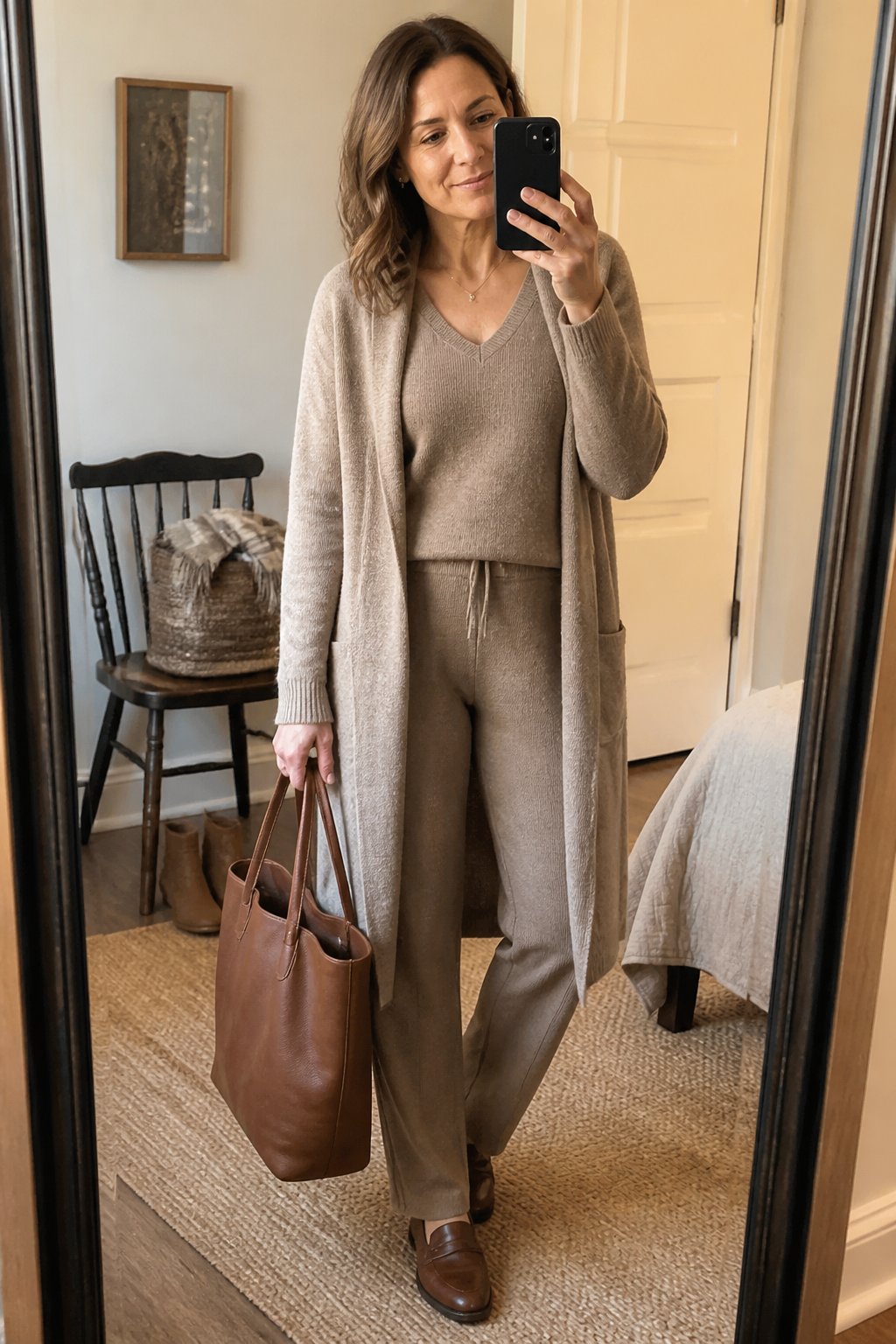 A woman wears an open cardigan over coordinated knitwear in a softly lit home.