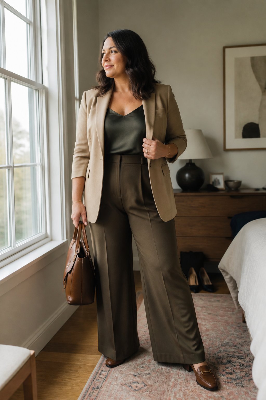 A woman wears wide-leg trousers, a tucked-in camisole, and an open blazer near a sunlit window.