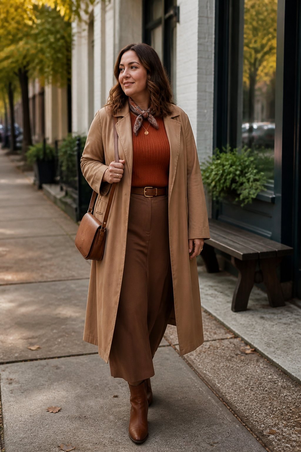 Woman wearing a belted tan trench coat over a monochromatic autumn outfit on a sidewalk.