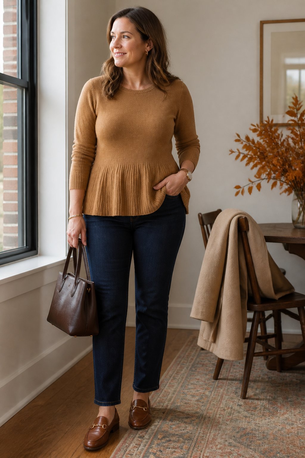 A woman wearing dark-wash jeans, a peplum sweater, and loafers stands in a softly lit home interior.