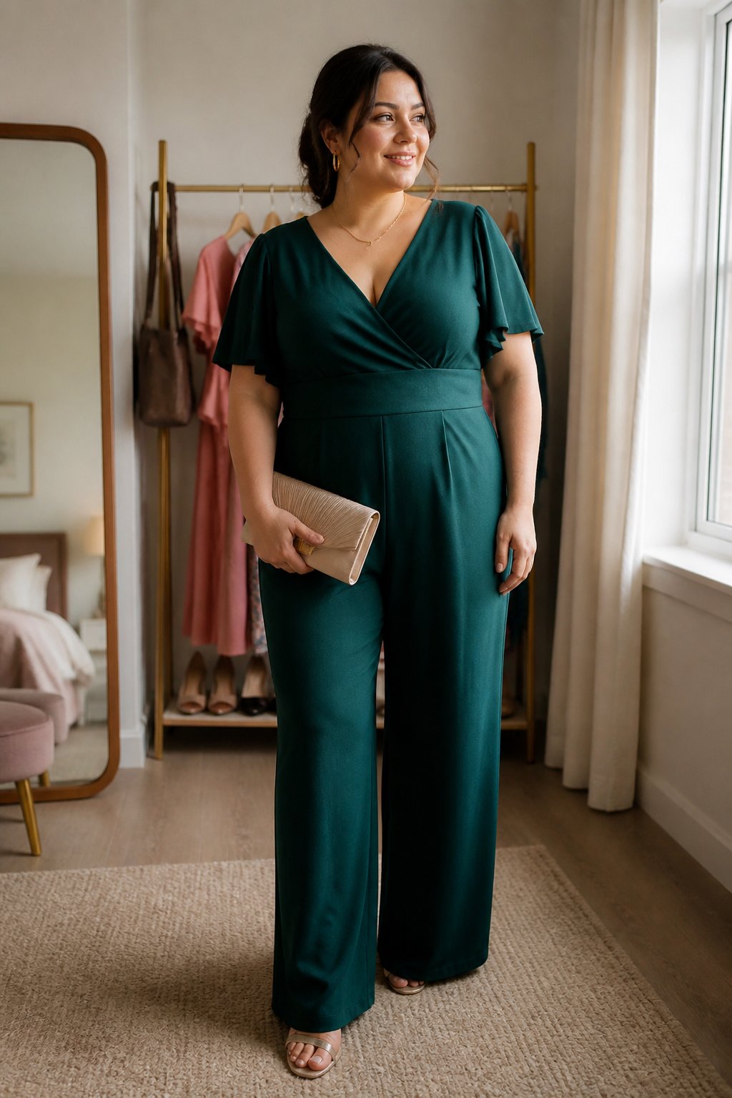 A plus-size woman wearing an elegant jumpsuit and accessories stands in a bright home while preparing to attend a wedding.