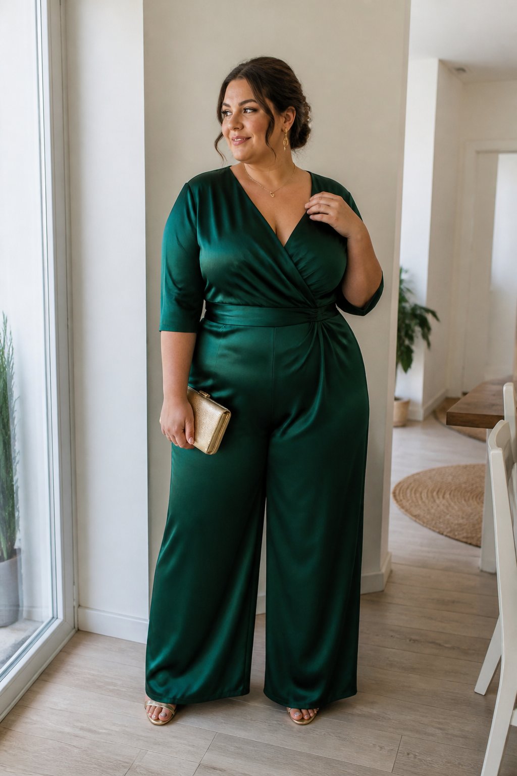 A plus-size woman wearing a flowing wide-leg satin jumpsuit stands in a softly lit home setting with a small clutch and simple accessories.