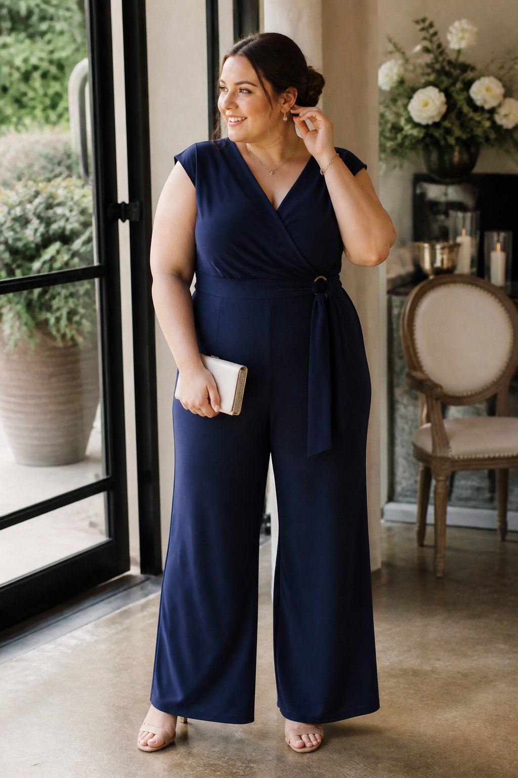 A plus-size woman wearing a navy blue wide-leg jumpsuit stands in a softly lit wedding venue.