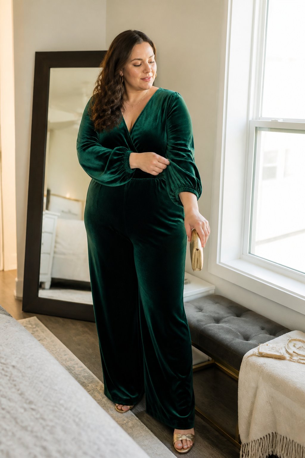 A plus-size woman wears an emerald green velvet jumpsuit with statement sleeves in a bright home interior.