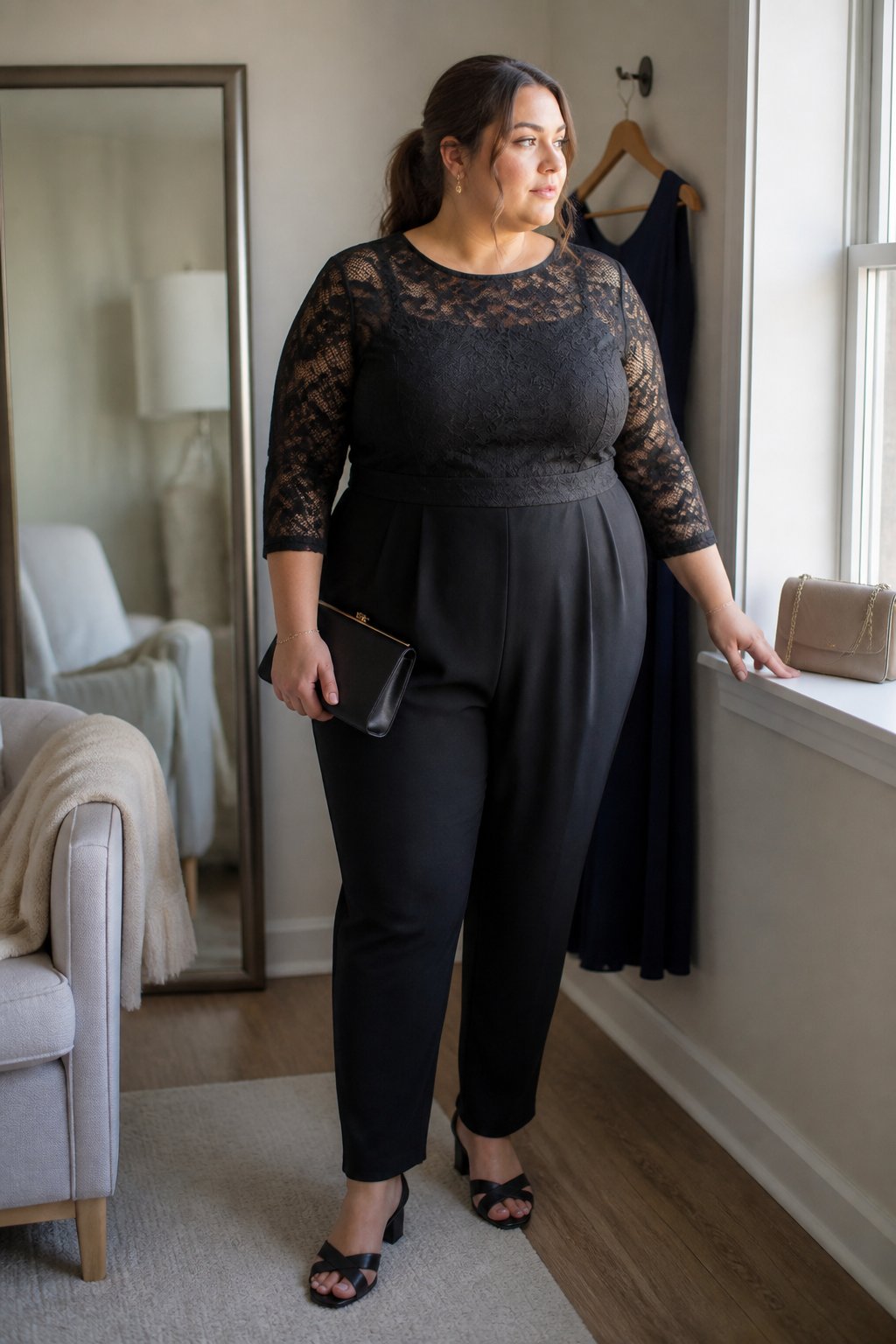 A plus-size woman wearing a black lace-overlay jumpsuit stands in a softly lit home beside a window.