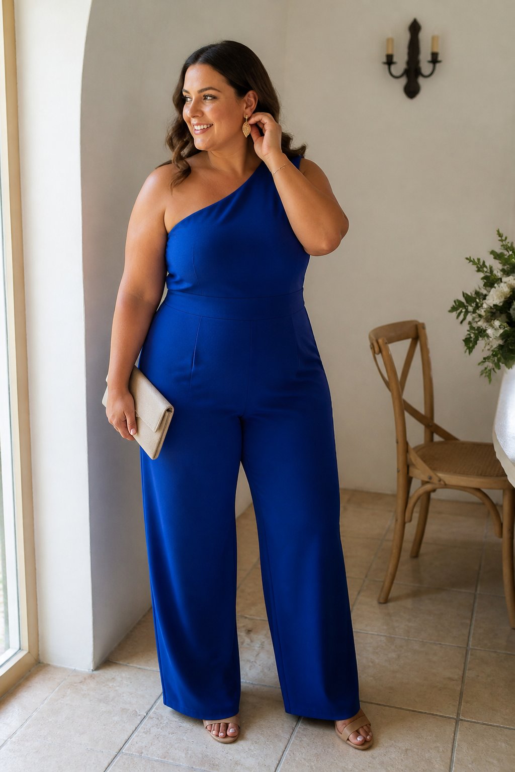A plus-size woman wearing a royal blue one-shoulder jumpsuit stands in a softly lit entryway.