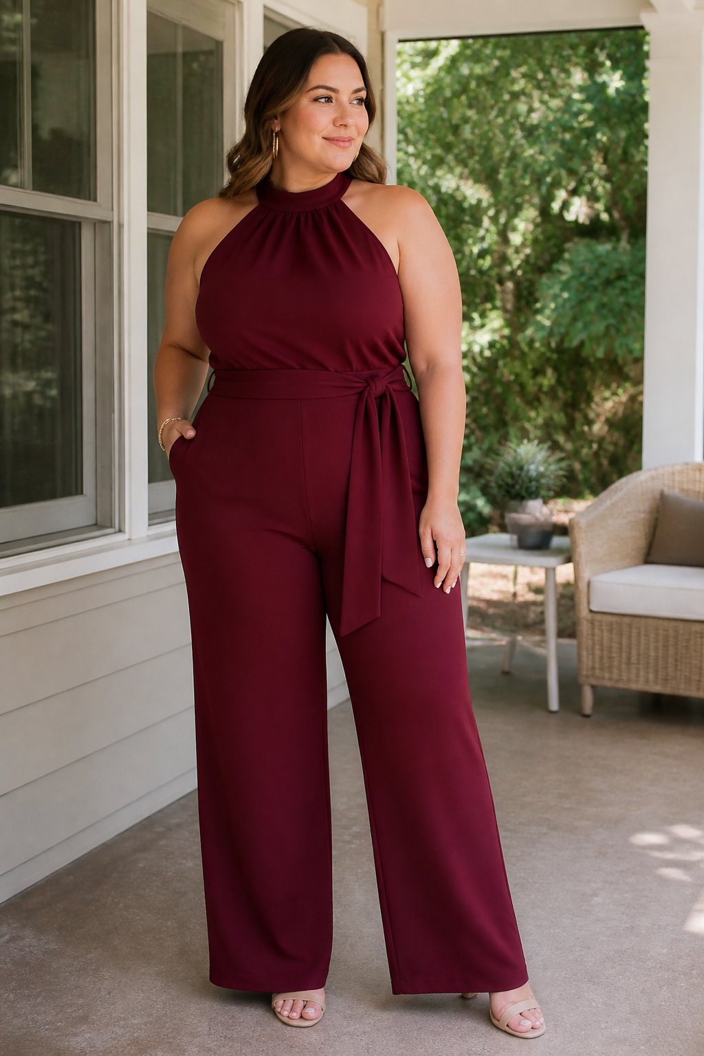 A plus-size woman wearing a burgundy halter-neck jumpsuit with a waist sash stands indoors near a window.