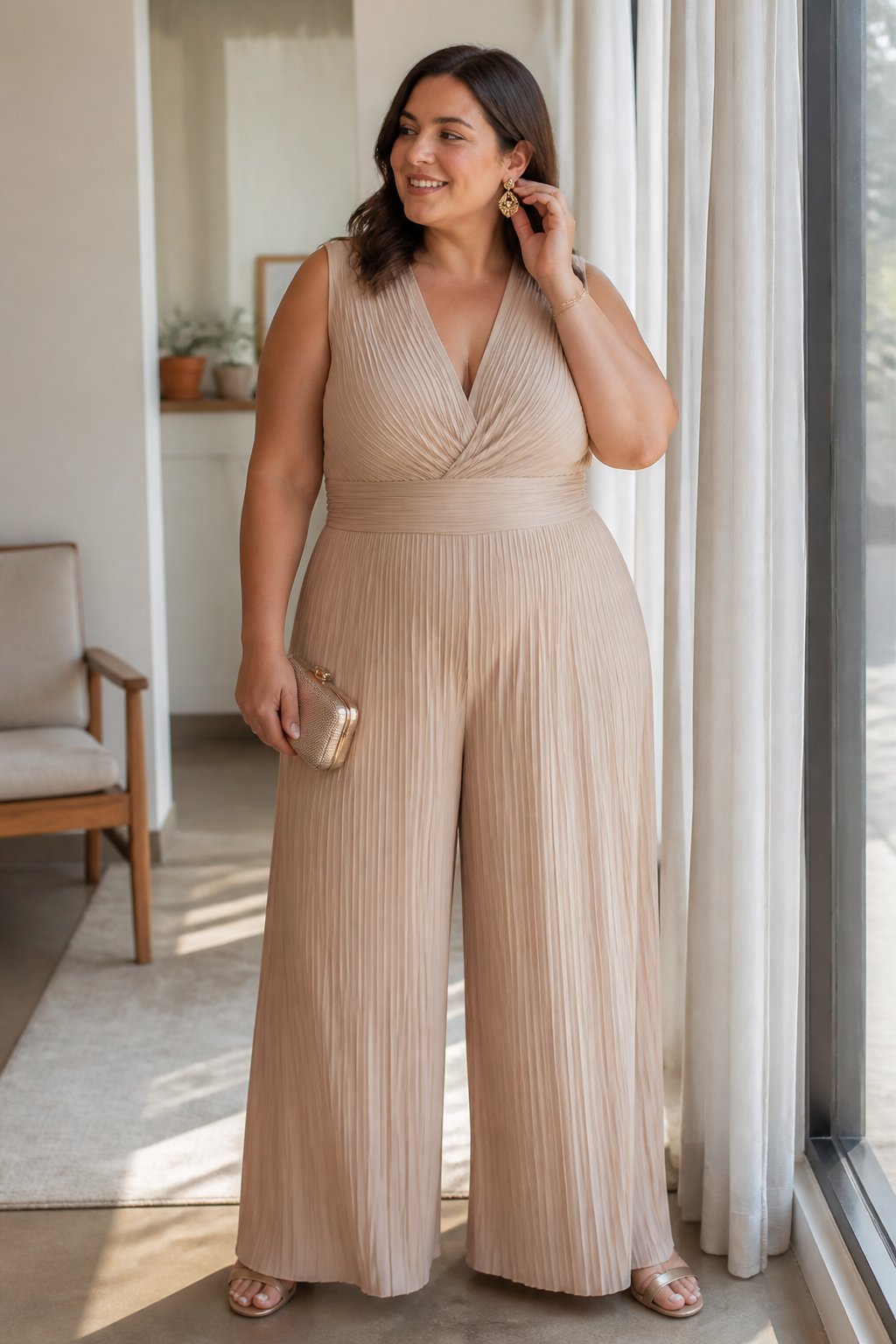 A plus-size woman wearing a champagne pleated jumpsuit with wide-leg trousers stands in a softly lit home interior.