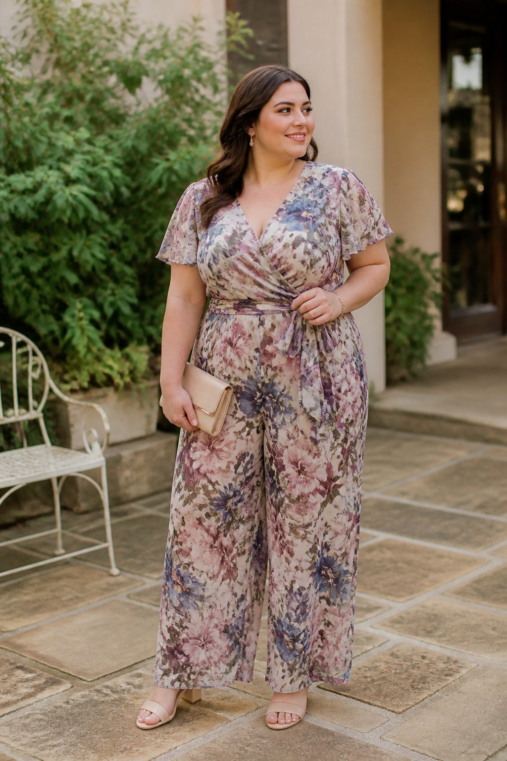 A plus-size woman wearing a floral chiffon jumpsuit with a defined waist stands in a sunlit garden setting.
