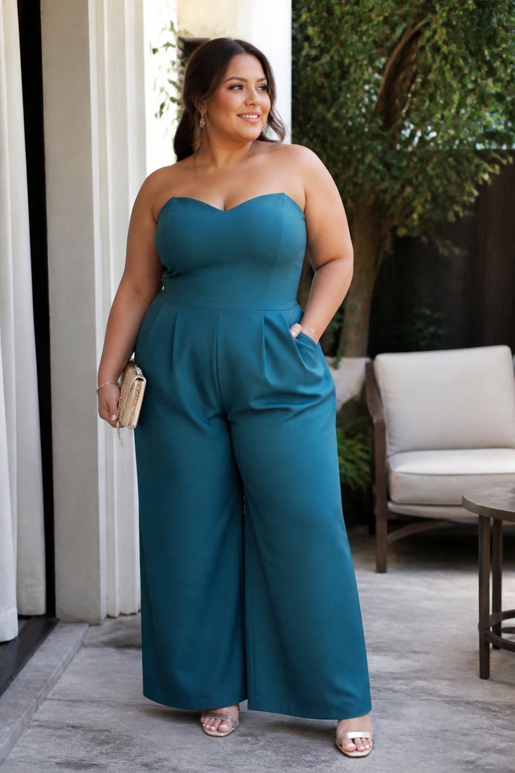 A plus-size woman wearing a teal wide-leg jumpsuit stands in a bright, casually decorated setting.