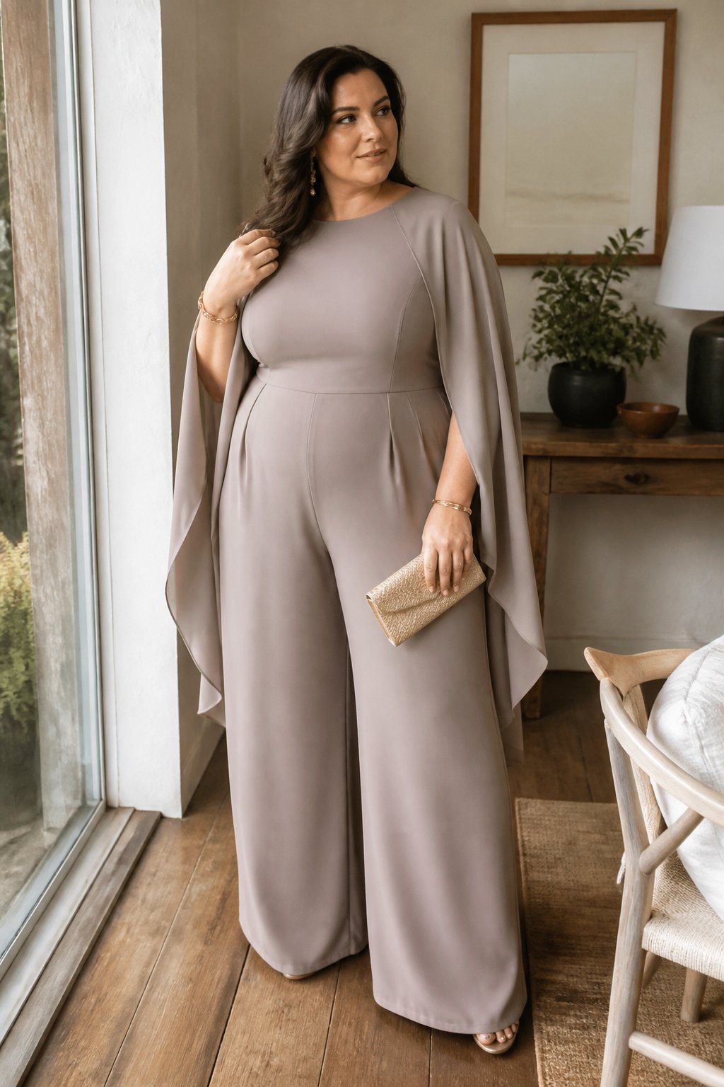 A plus-size woman wears a taupe crepe jumpsuit with a draped cape in a bright home.