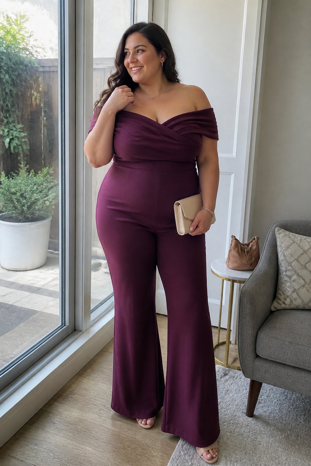 A plus-size woman wears a plum off-the-shoulder jumpsuit with flared legs while standing indoors near a window.