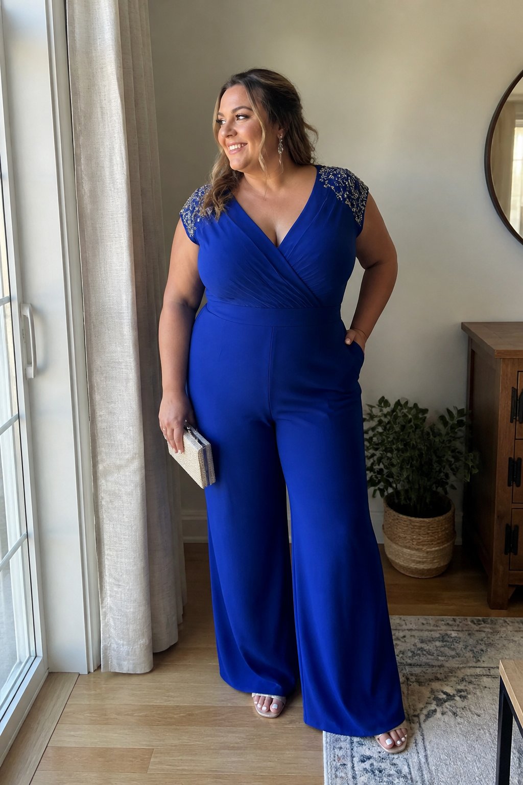 A plus-size woman wearing a cobalt blue embellished-shoulder jumpsuit stands near a bright window in a home.
