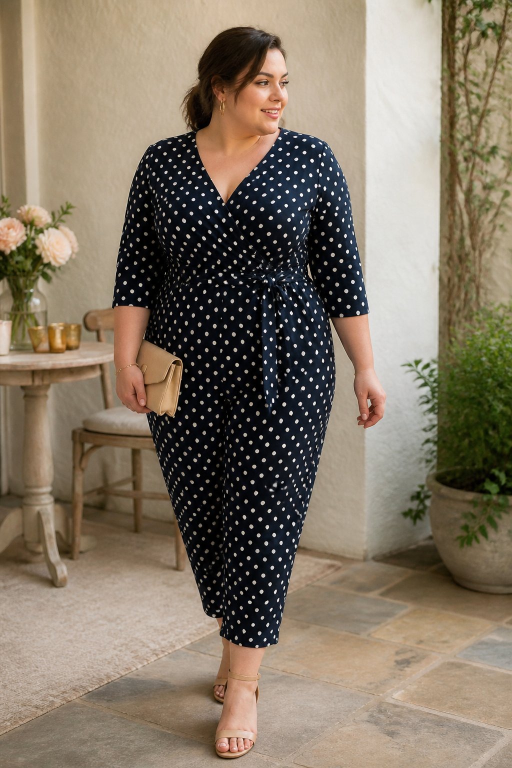 A plus-size woman wearing a polka-dot wrap jumpsuit with cropped trousers stands in a softly lit wedding venue setting.