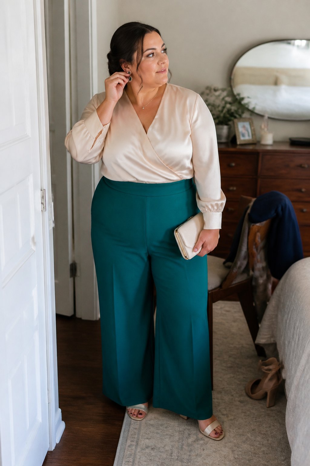 A plus-size woman wearing an elegant wide-leg pants outfit prepares for a wedding in a home entryway.