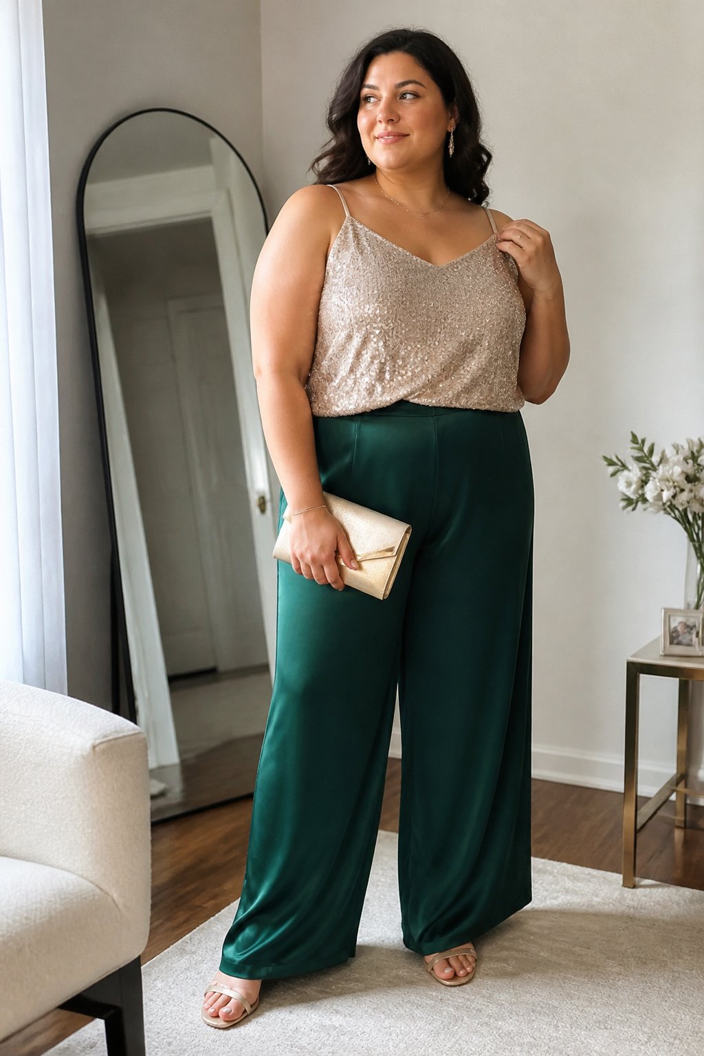 A plus-size woman wearing wide-leg satin pants and a sequined camisole stands in a softly lit room with a clutch and dress sandals.