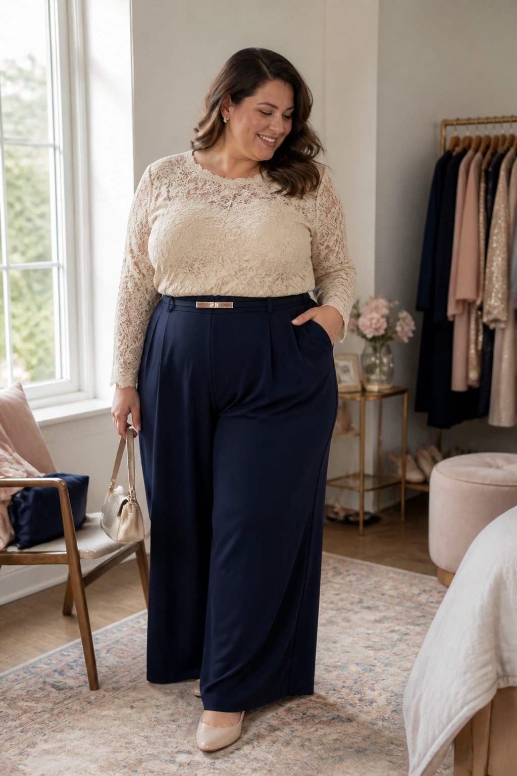 A plus-size woman wearing high-waisted palazzo pants and a lace blouse in a bright home entryway.