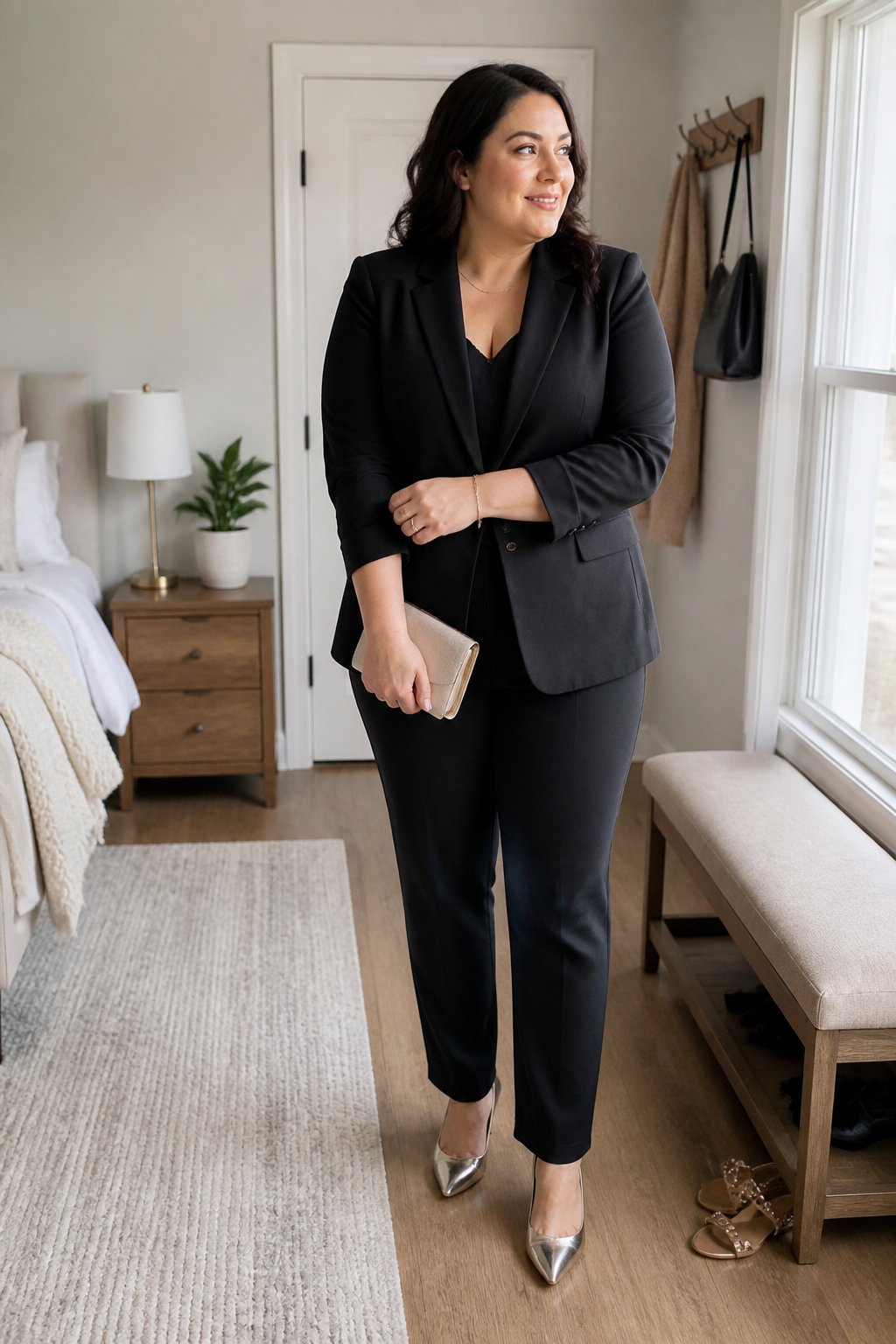 A plus-size woman wears a tailored black pantsuit and metallic heels while preparing to leave for a wedding.