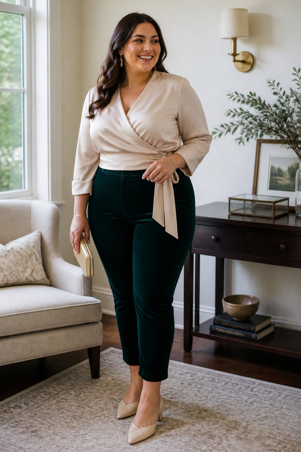 A plus-size woman wears velvet ankle pants and a silk wrap top in a bright home interior.