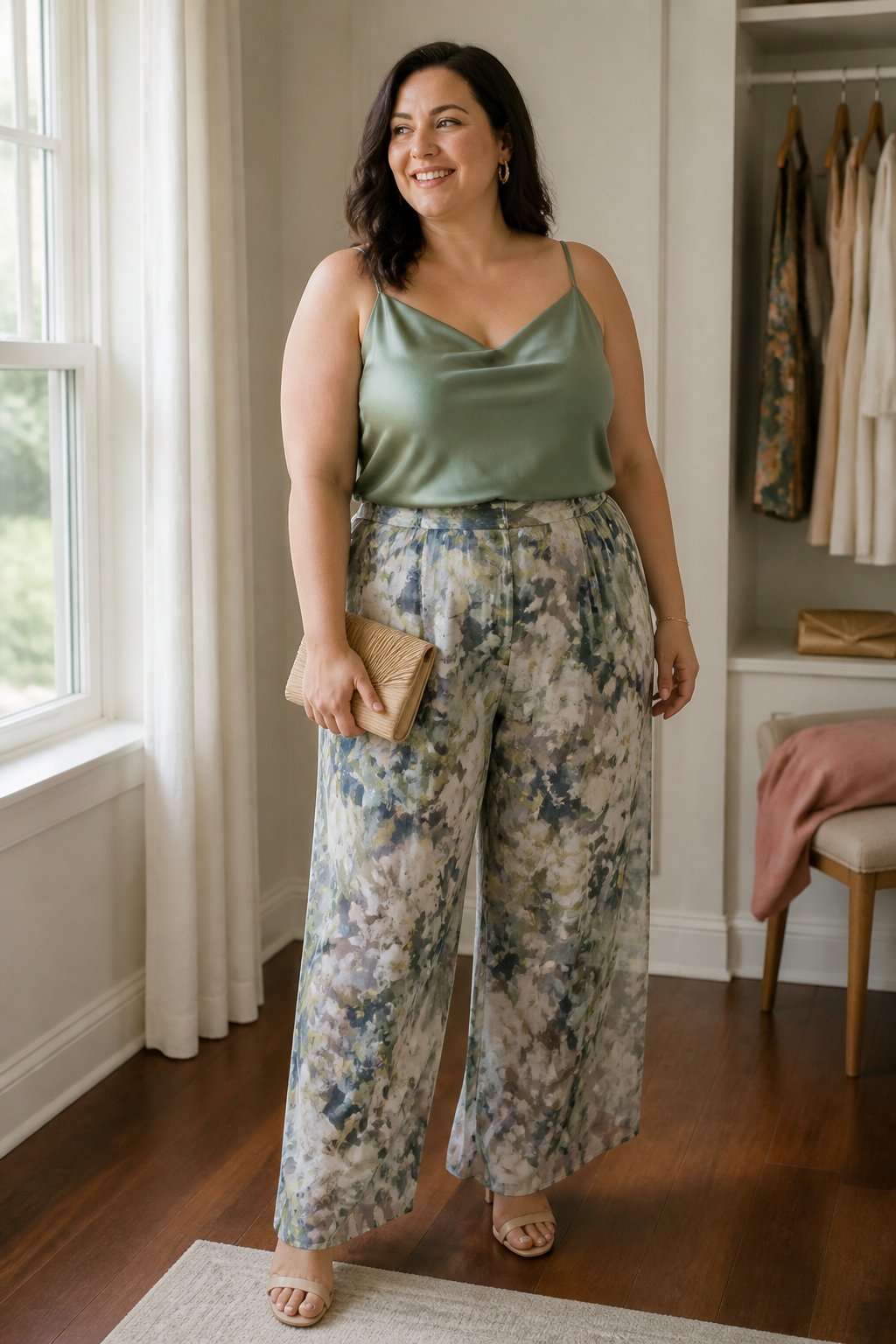 A plus-size woman wears printed chiffon pants with a solid satin camisole in a bright home interior.