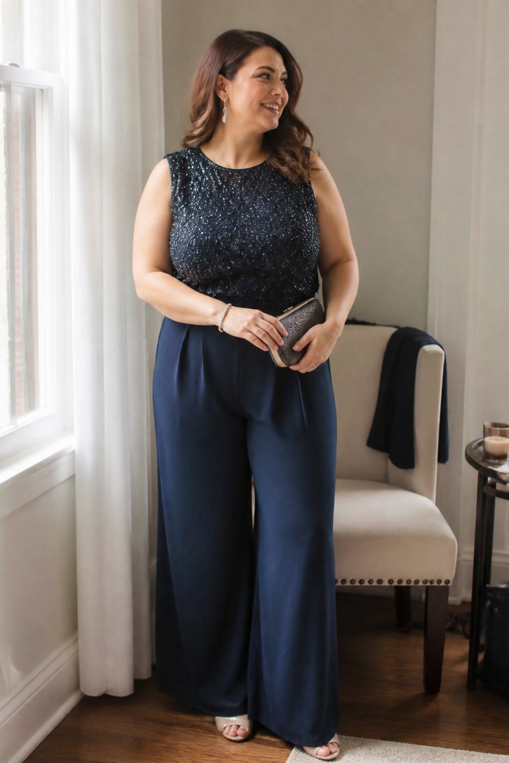 A plus-size woman wears flowing wide-leg trousers and a beaded top in a bright home setting.