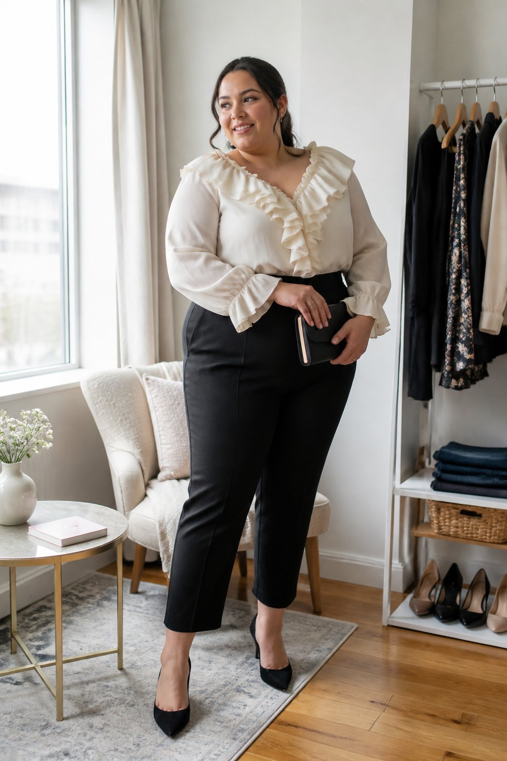 A plus-size woman wears cropped black tuxedo pants and a ruffled light blouse while preparing for a wedding.