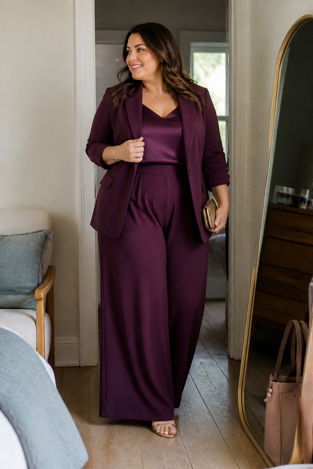 A plus-size woman wears jewel-toned palazzo pants with a matching blazer in a softly lit home.