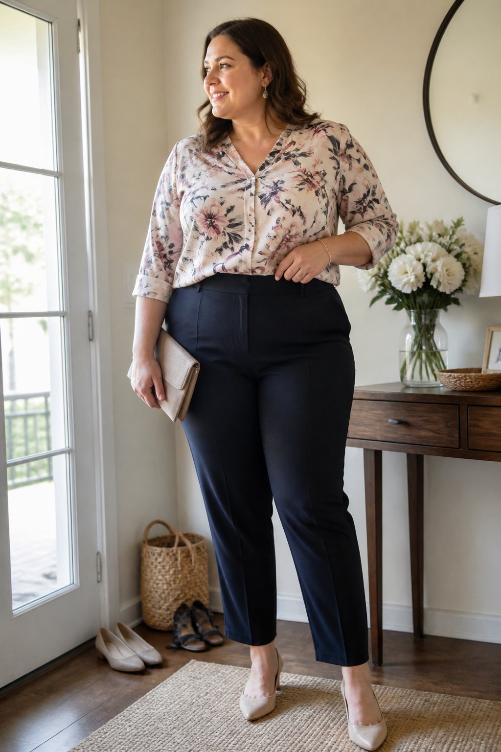 A plus-size woman wears high-waisted cigarette pants and a floral blouse in a bright home interior.