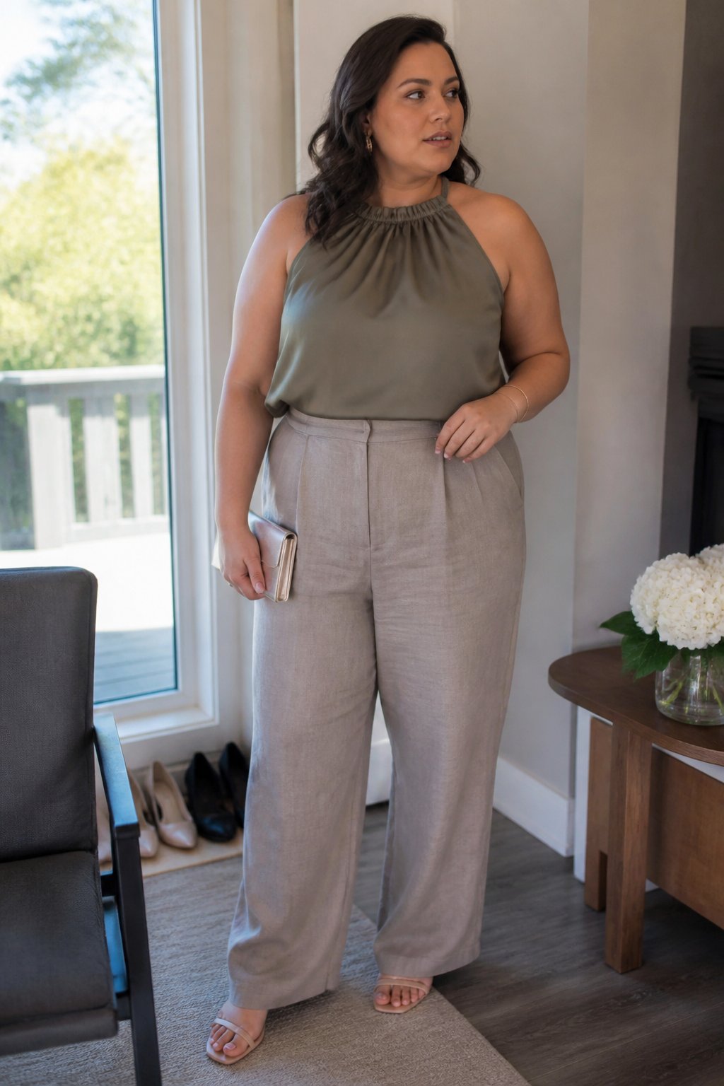 A plus-size woman wearing wide-leg linen-blend pants and a dressy halter top in a bright home setting.
