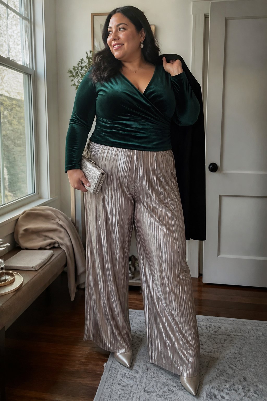 A plus-size woman wears pleated metallic trousers and a fitted velvet top in a bright home interior.