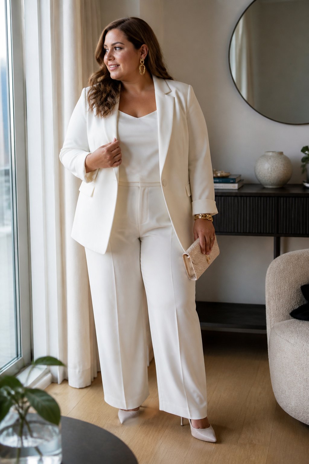 A plus-size woman wears an ivory pantsuit with gold statement jewelry and holds a small clutch in a bright home.