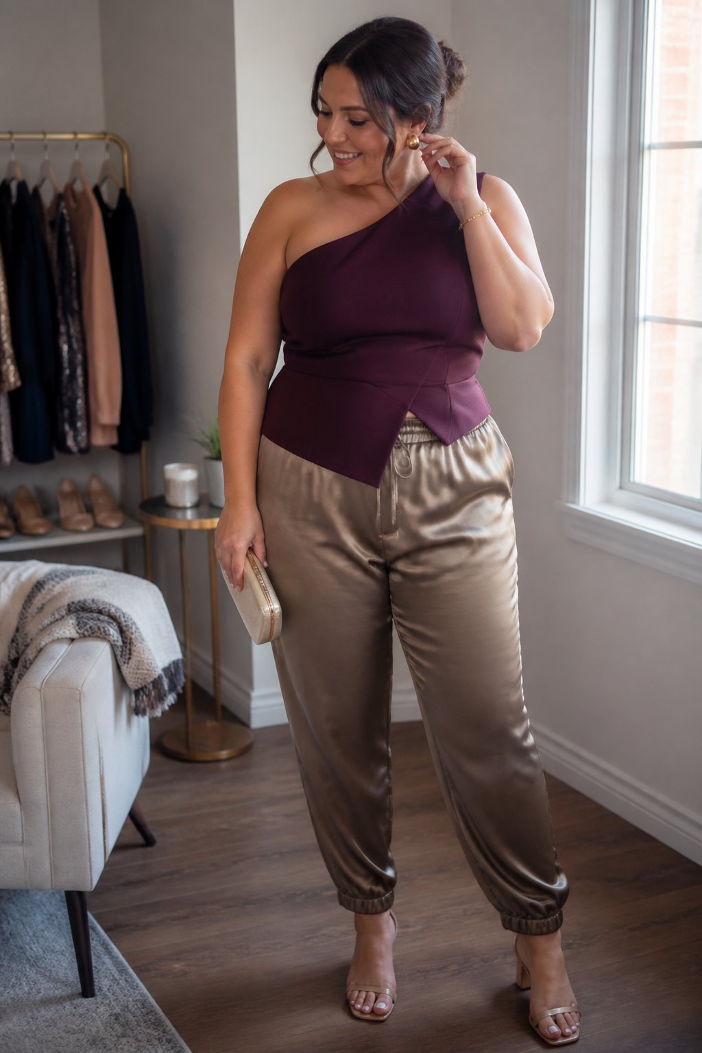 A plus-size woman wearing satin jogger pants and a structured one-shoulder top stands near a window in a softly furnished room.