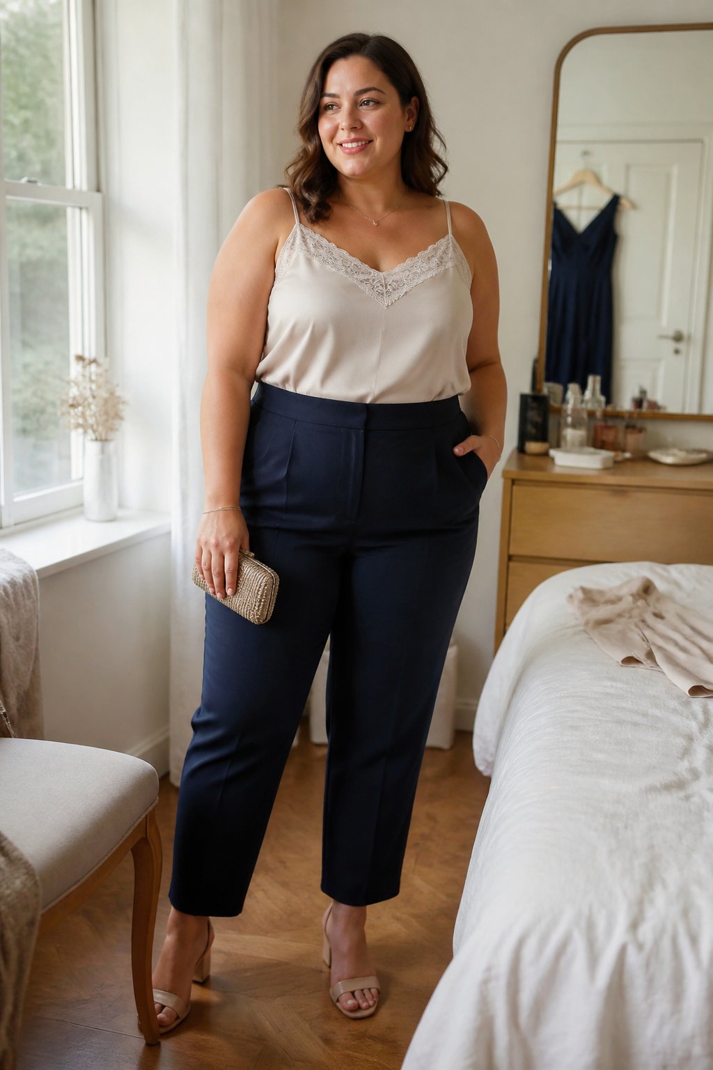 A plus-size woman wears navy trousers and a lace-trimmed camisole in a softly lit home setting.