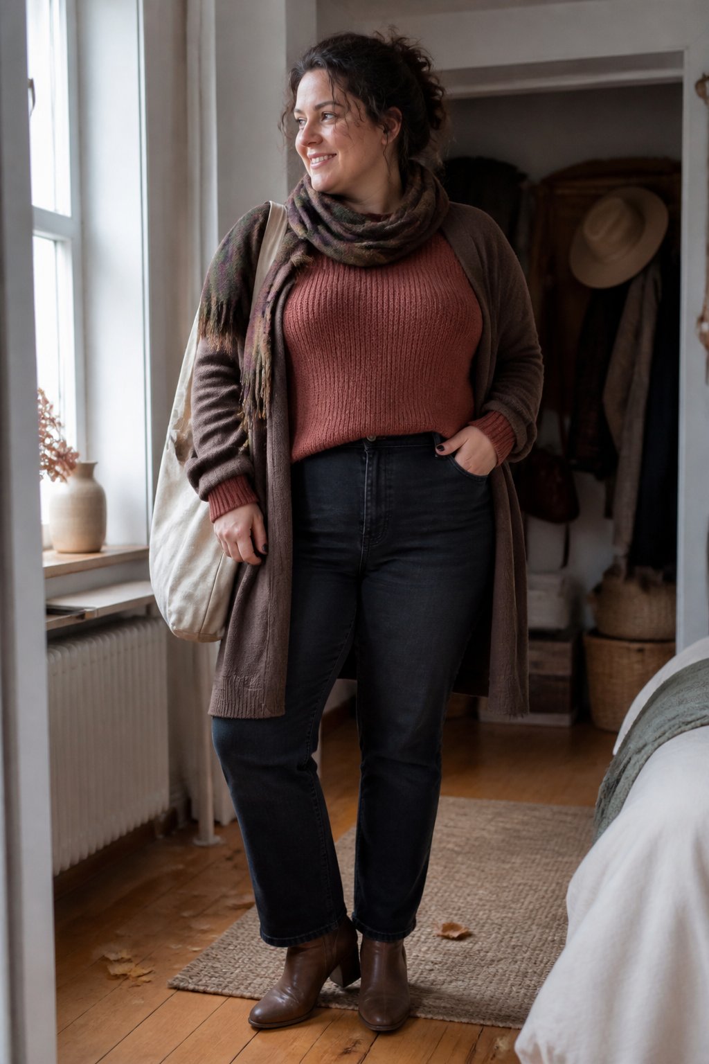 A woman with a fuller midsection wears a cozy fall sweater, dark jeans, and ankle boots in a softly lit home.