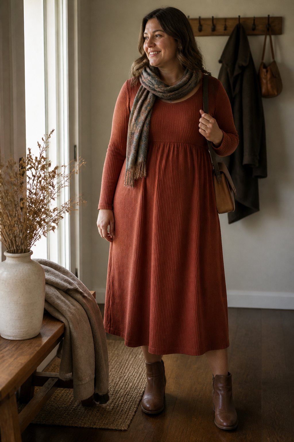 A woman wearing a loose empire-waist knit dress and ankle boots stands in a softly lit fall setting.