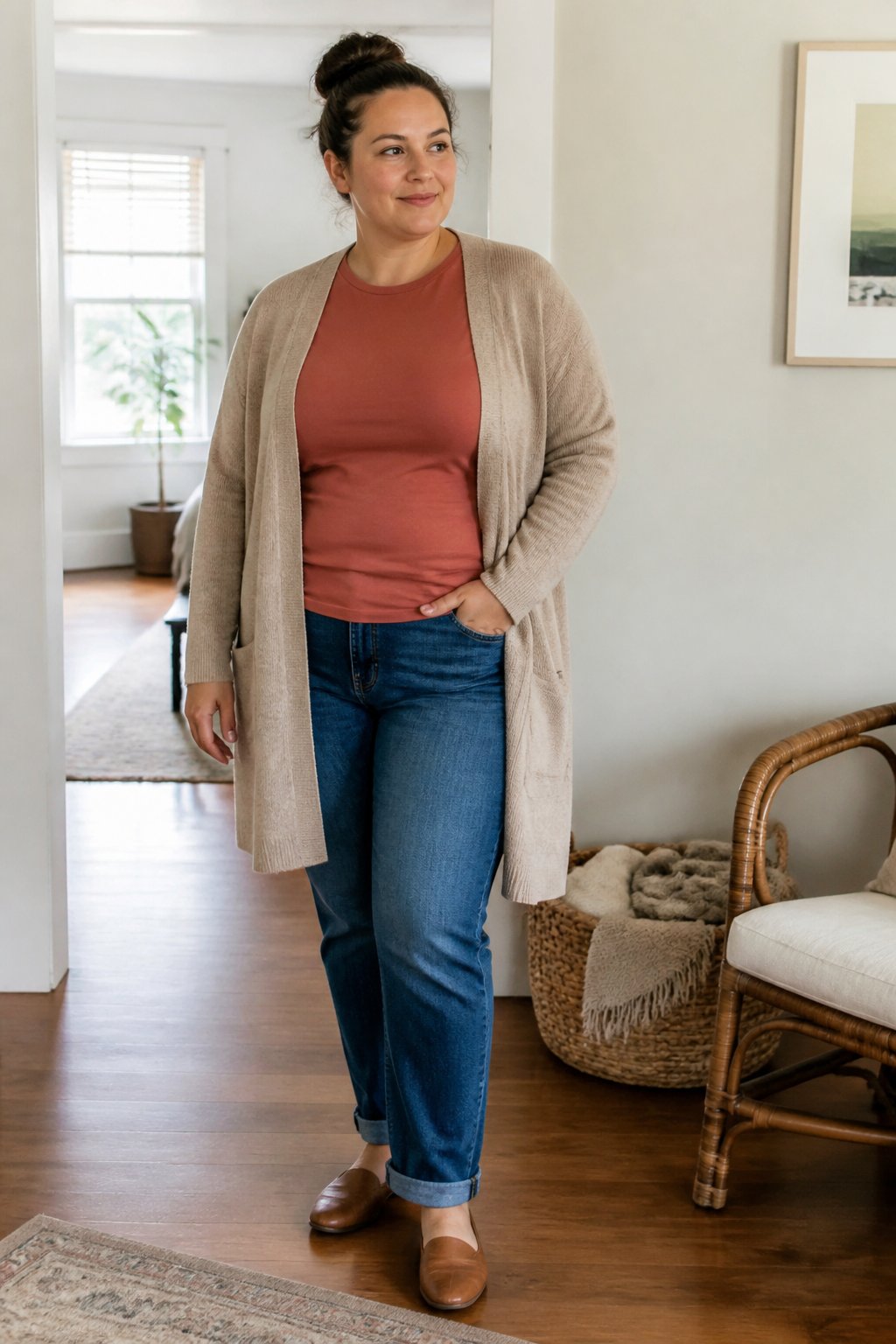 Woman wearing a long cardigan over a fitted tee and straight-leg jeans in a bright home interior.