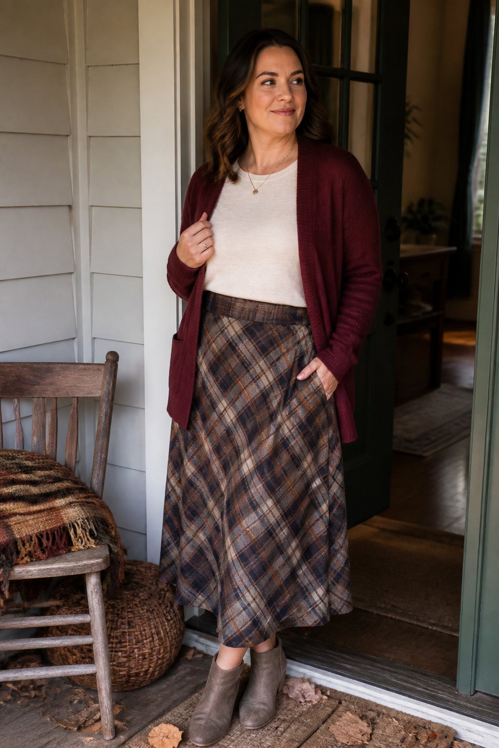 A woman wearing a burgundy cardigan and plaid midi skirt stands in a cozy autumn setting.