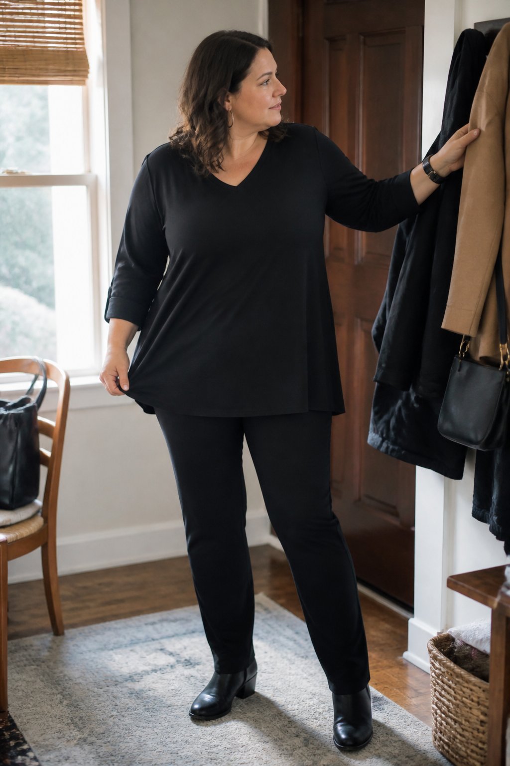 A woman wearing a black tunic and black ponte pants stands casually in a softly lit home entryway.