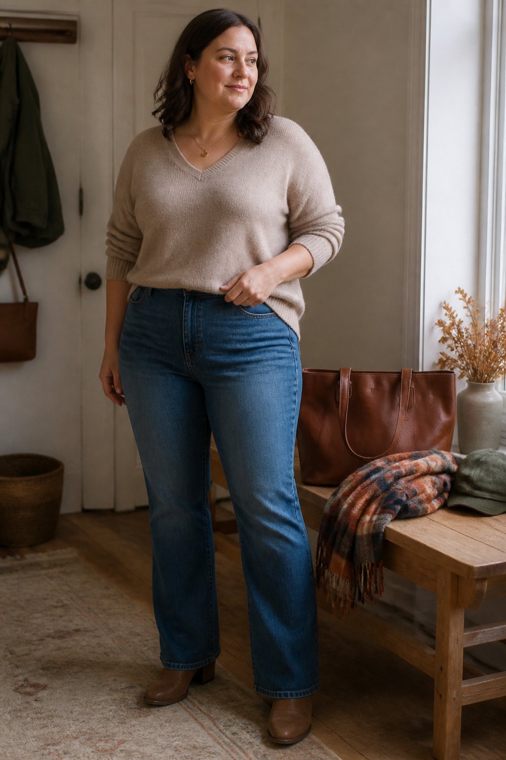 Woman wearing a V-neck sweater and high-rise bootcut jeans in a softly lit home.