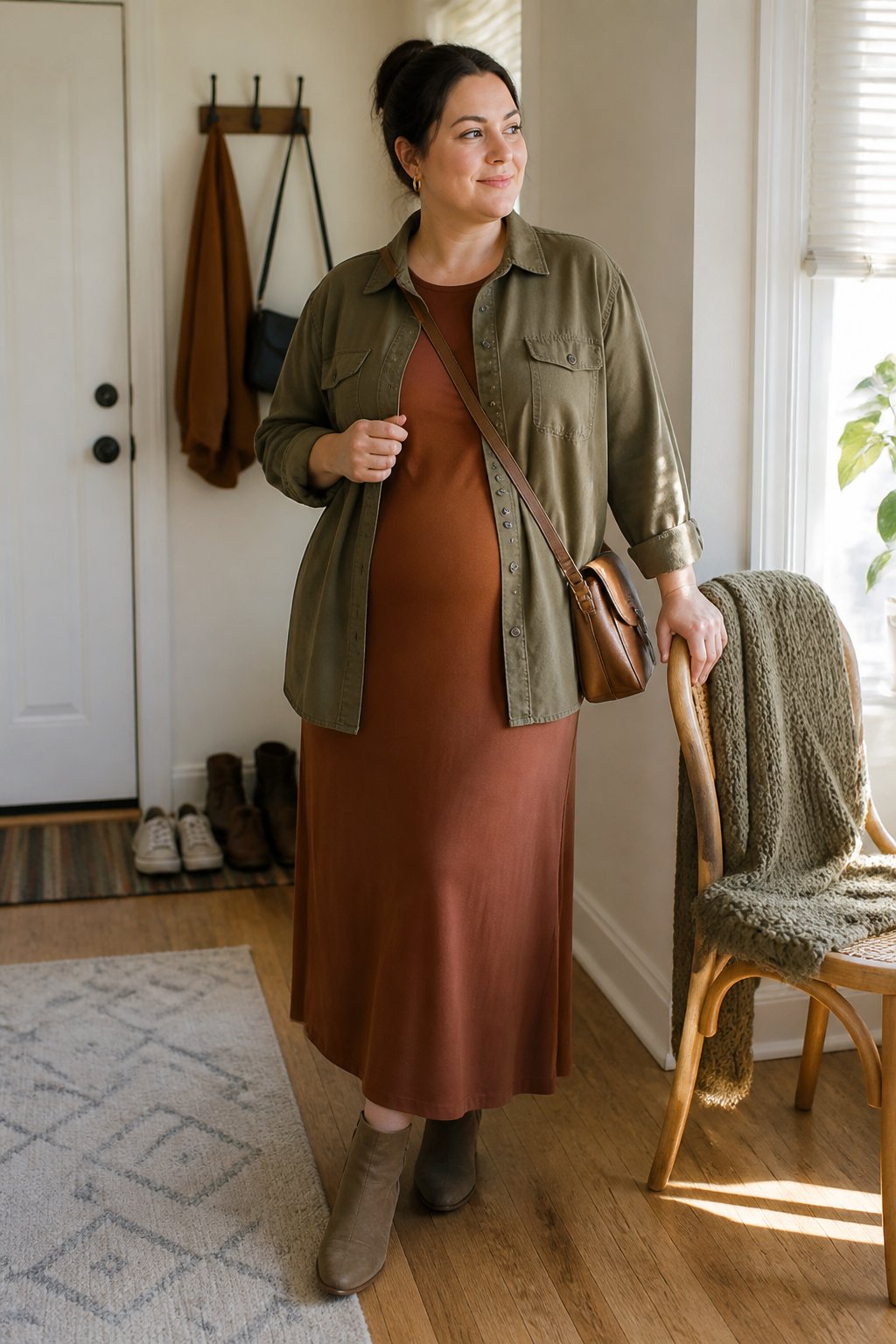 A woman wears an open shacket over a long column dress in a bright home interior.
