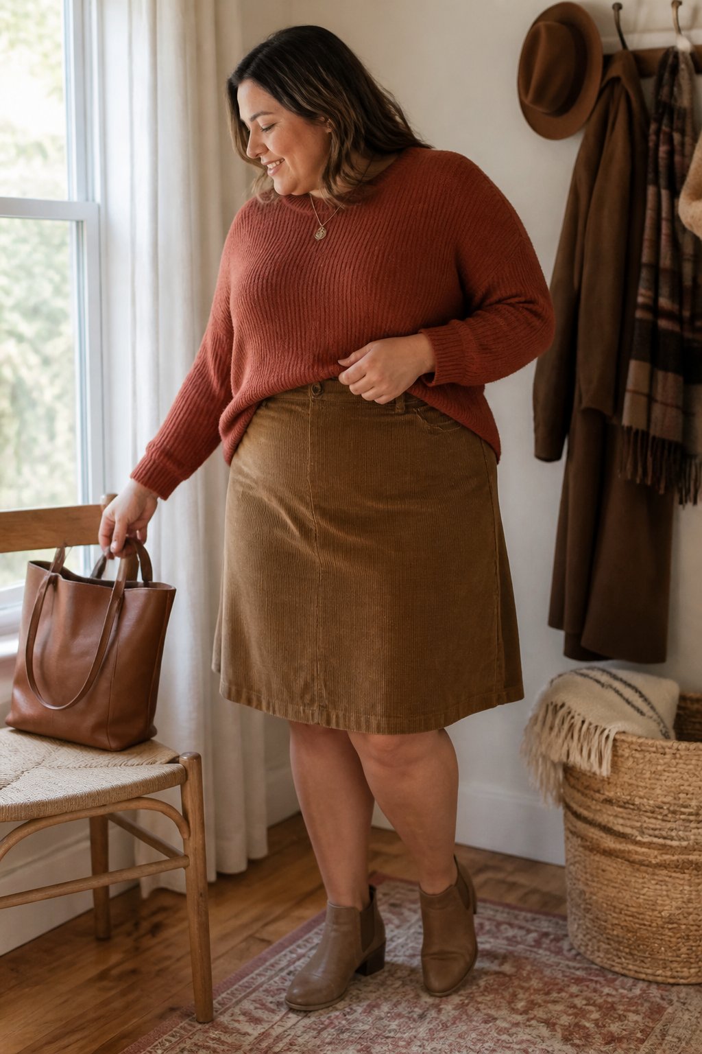 A woman wearing an A-line corduroy skirt and a relaxed tucked-in sweater in a softly lit home.