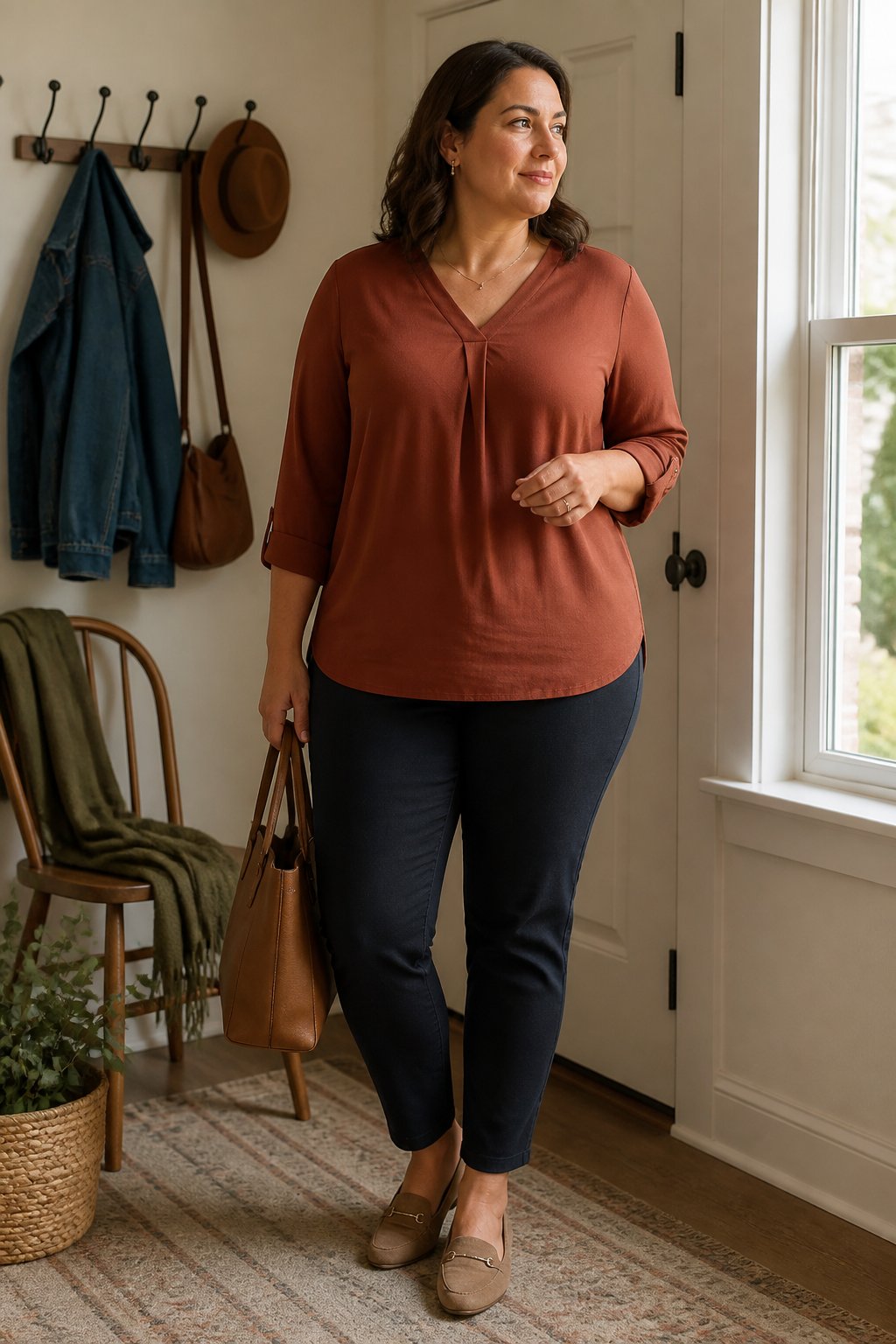 A woman wearing a draped blouse and stretch ankle trousers stands in a naturally lit home interior.