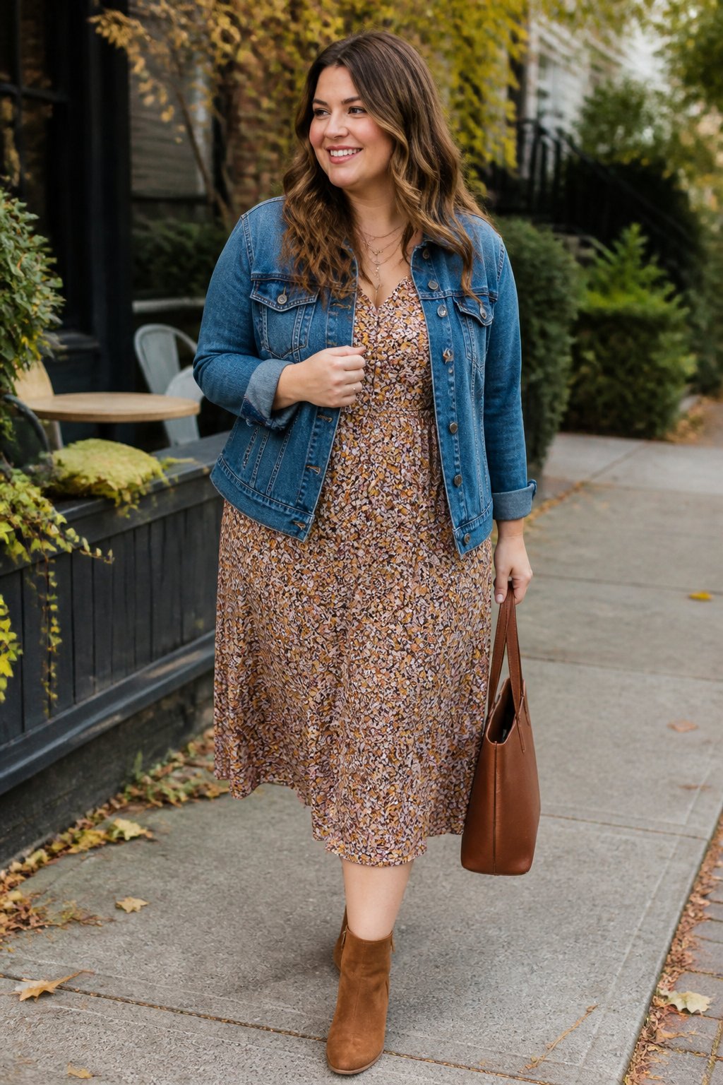 A woman wears a denim jacket over a flowing floral midi dress on a leafy fall sidewalk.